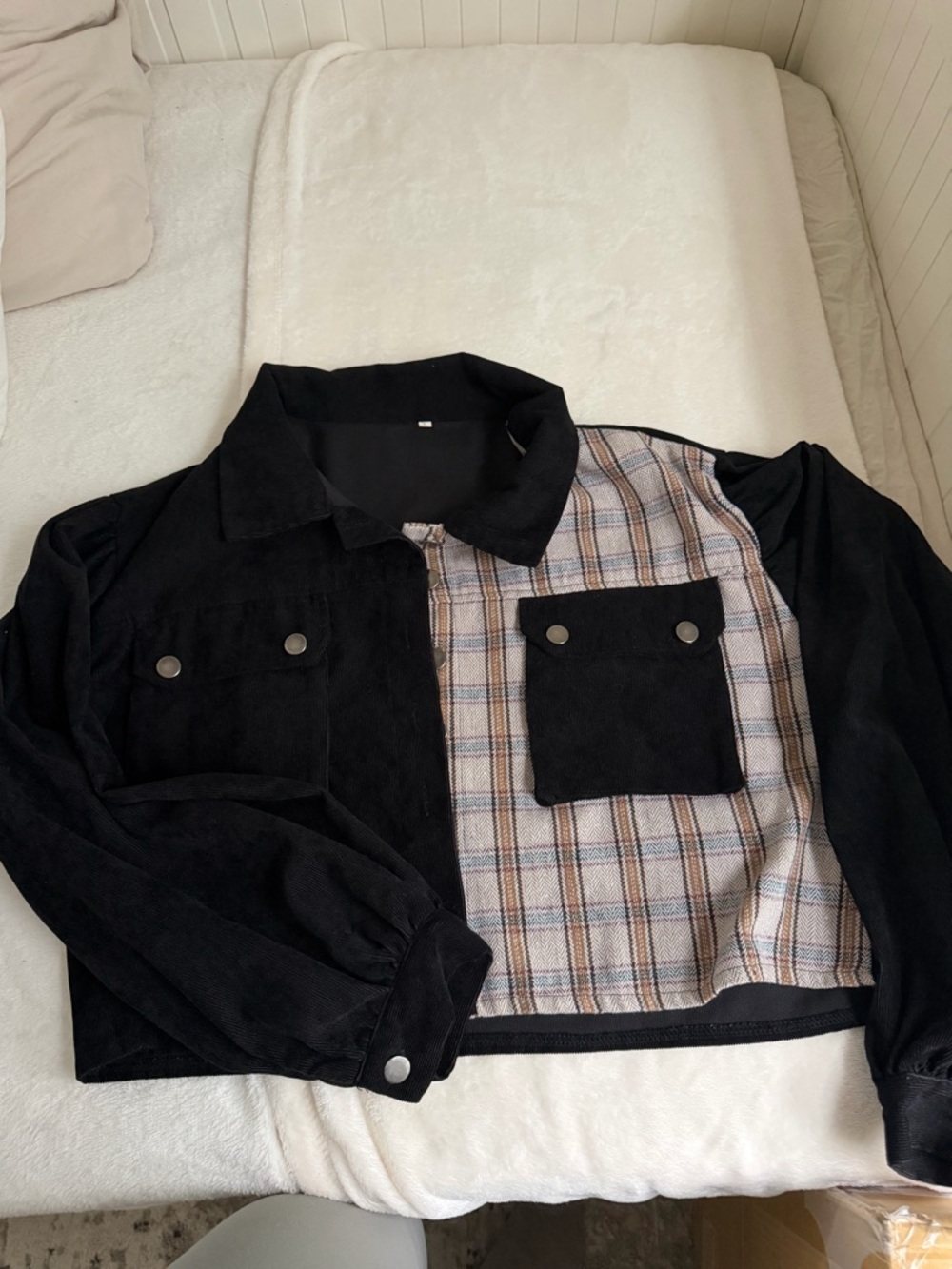 SHEIN Black Corduroy & Plaid Patch Pocket Jacket